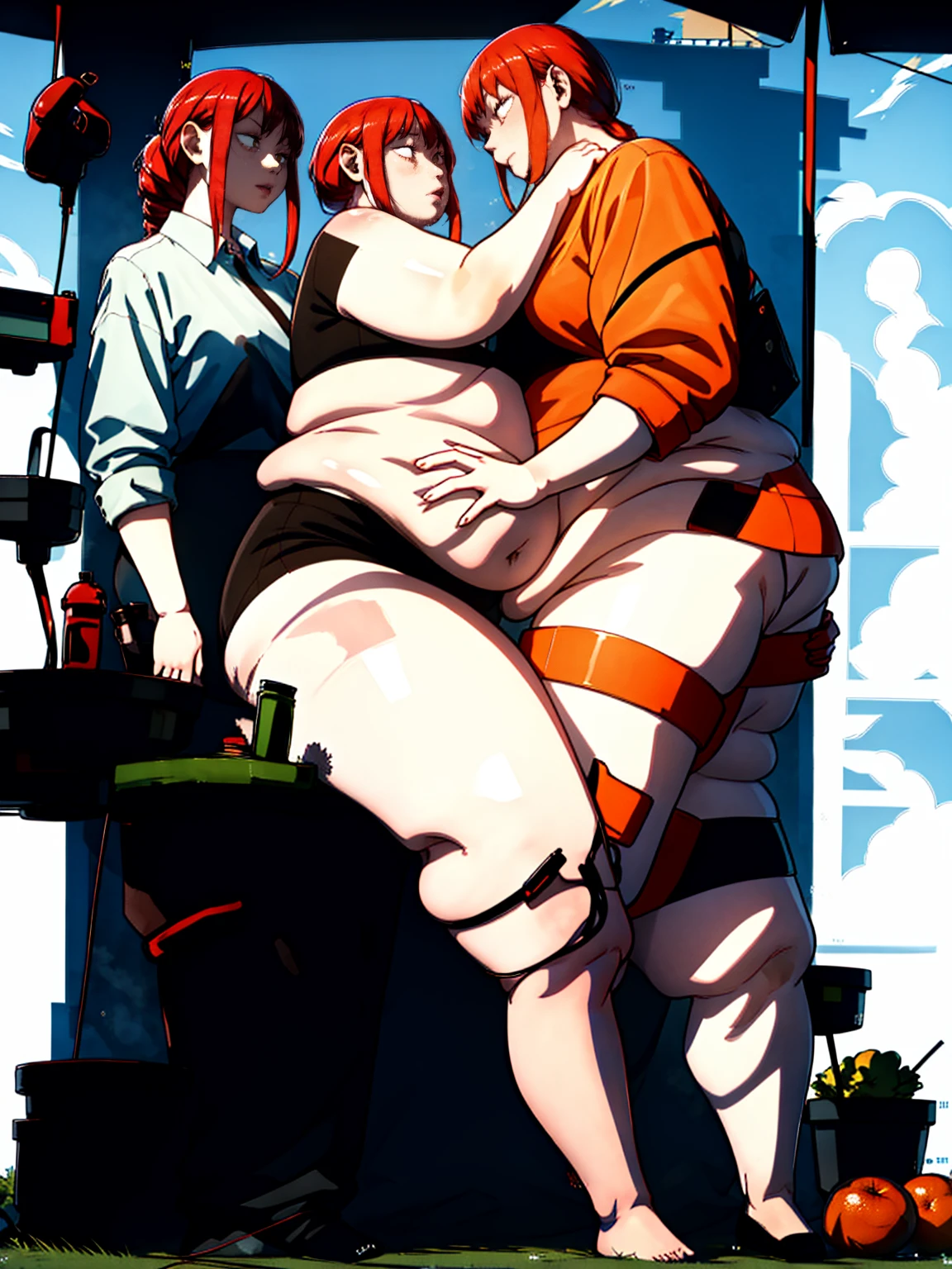 Le personnage Makima de la série animée Chainsaw Man, fragile, obésité morbide, ssbbw, pleine longueur (corps entier 1.1.), fond sombre, obscurité, anatomie correcte 1.1, anatomie correcte de la main, Très féminin, corps gras et rond, grosses Jambes, fesses, beau corps obèse, ventre rond et mou très gras, cheveux roux, Yeux oranges, Cercles rouges pour les écoliers, chemise blanche, jupe noire, cravate noire, pose sexy, réaliste, very détaillé, beau corps, détaillé body, détaillé hands, détaillé, vibrant, détaillé Face, Conception des personnages de Makima. very détaillé, détaillé body, détaillé hands, détaillé Face, Art animé, Hugh Détails, Visage très abattu, détaillé eyes, Illustration ultra fine, Meilleure ombre, détail fin, beautiful détaillé glow, beautiful détaillé, Extraordinairement beau, extremely détaillé, inexpressif, composition épique, Style animé. art animé, Style animé. Jupe noire, chemise blanche, cravatte, pose sexy. Double menton, visage très gras, grosses joues, joues potelées