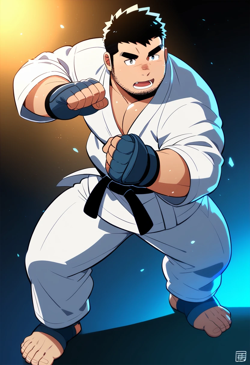 1male, solo, male focus, fighting stance, open mouth, big pupils, black hair, short hair, (plump:1.2), (bara:1.4), stocky, karate gi, black belt, fingerless gloves, toeless legwears. cool, awesome, full body, anime, best quality, amazing aesthetic, high res