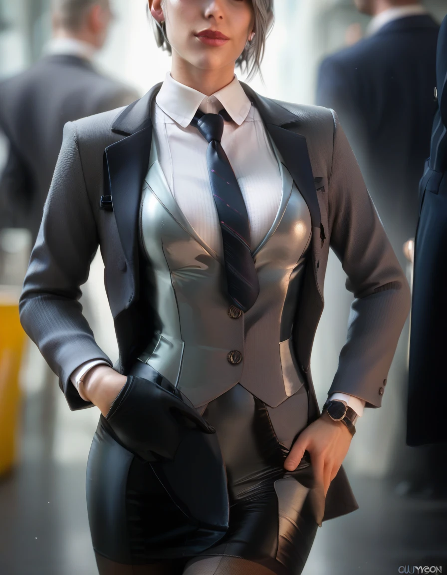 score_9, score_8_up,score_7_up, score_6_up, score_5_up, score_4_up,, RE2, skirt suit, (((three-piece suit))), (((dress shirt))), (((necktie))), (((grey blazer))), (((suit jacket))), (waistcoat), double-breasted waistcoat, (((bodycon miniskirt))), stockings, pocket square, cufflinks,