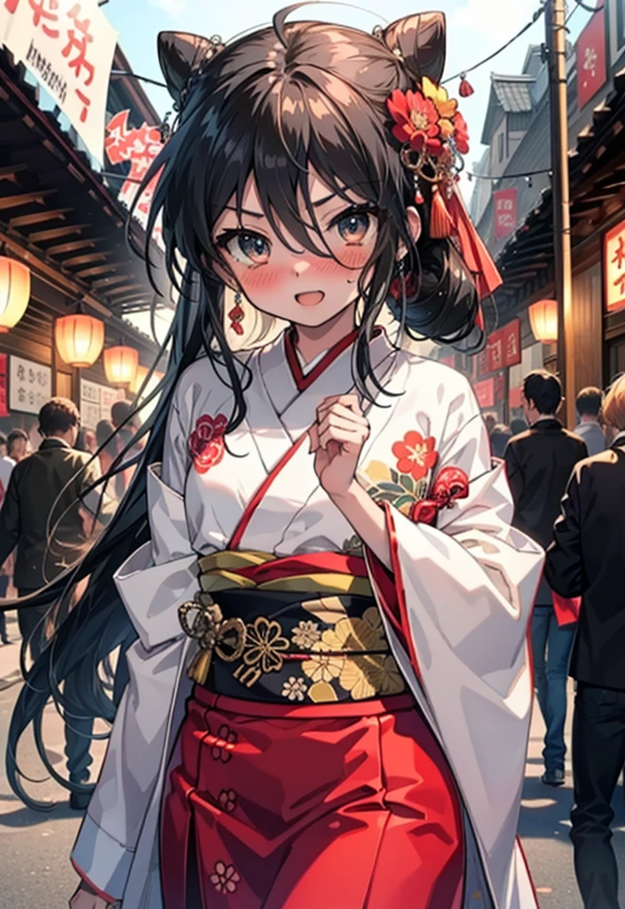 Shana,灼眼のShana,Long Hair, Redhead, Red eyes,Ahoge,smile,blush,Open your mouth,Hair Bun, single Hair Bun,blush,Red Kimono,Thick sleeves,Red long skirt,日本のfestival,夏festivalの屋台,Red lantern, break looking at viewer, Upper Body, break outdoors, shrine,festival, break (masterpiece:1.2), Highest quality, High resolution, unity 8k wallpaper, (shape:0.8), (Beautiful and beautiful eyes:1.6), Highly detailed face, Perfect lighting, Highly detailed CG, (Perfect hands, Perfect Anatomy),