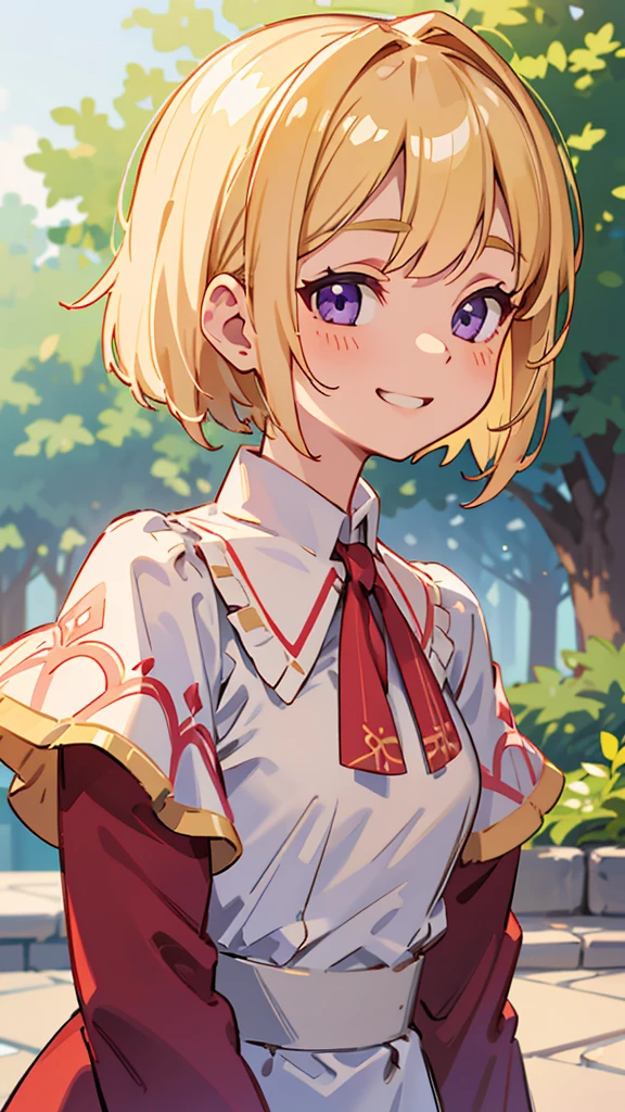 1 Girl、、Sharp focus、(Bokeh) (Highest quality) (Detailed skin:1.3) (Intricate details) (anime)、Upper body close-up、From the side、Natural Proportions、thin、Small breasts、Grin、White skin、(blonde)、Bobcut、Beautiful purple eyes、Red jacket、(Long sleeve blouse)、Frilled blouse、Upper body close-up、Morning Cafe Terrace、Background Blur, Written boundary depth