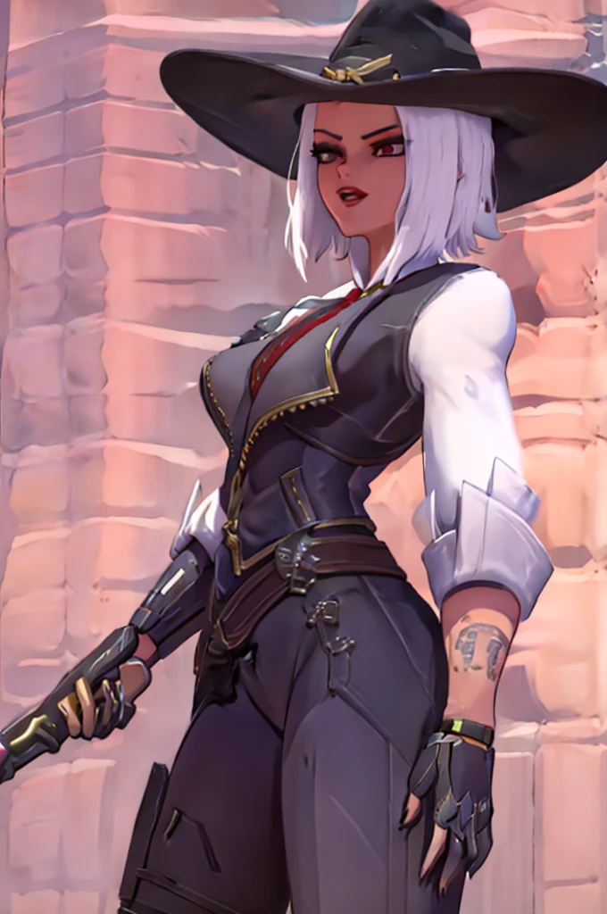 Ashe from Overwatch, sexy girl with short silver hair, nude, red lips, thick ass and big tits