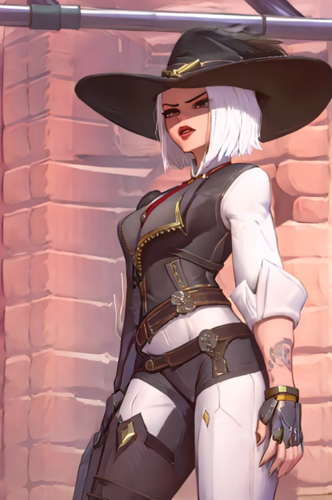 Ashe from Overwatch, sexy girl with short silver hair, nude, red lips, thick ass and big tits