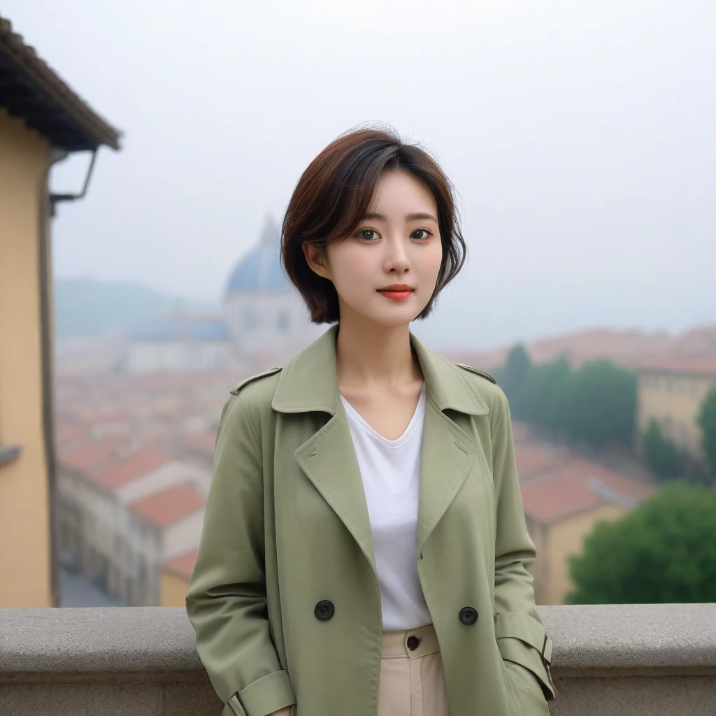 8k best picture quality, Beautiful 36-year-old Korean woman, You have good skin and big and pretty eyes... Chest size 34 inches, Traveling in Italy in the fall, The cathedral can be seen in the distance in thick fog., The back background is realistic and vivid quality., Short and medium hair blowing in the wind, Wear a t-shirt that covers your neck. I wore a very light green trench coat over my t-shirt.. Wearing beige casual pants, I'm smiling. Short and slim Korean woman, stand far away, Full body photo taken with Canon Mark 5 camera 16-35 wide angle lens, One woman with big and pretty eyes, eyes are round and big,