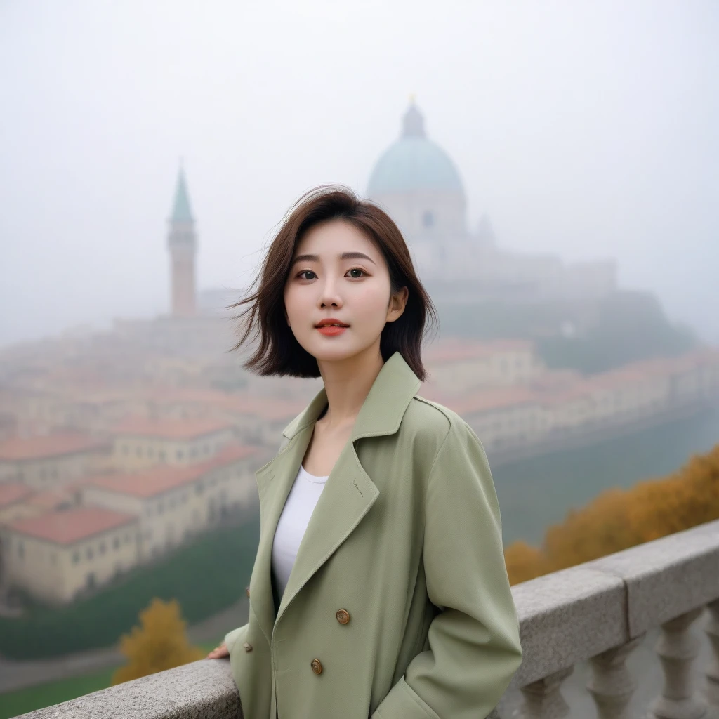 8k best picture quality, Beautiful 36-year-old Korean woman, You have good skin and big and pretty eyes... Chest size 34 inches, Traveling in Italy in the fall, The cathedral can be seen in the distance in thick fog., The back background is realistic and vivid quality., Short and medium hair blowing in the wind, Wear a t-shirt that covers your neck. I wore a very light green trench coat over my t-shirt.. Wearing beige casual pants, I'm smiling. Short and slim Korean woman, stand far away, Full body photo taken with Canon Mark 5 camera 16-35 wide angle lens, One woman with big and pretty eyes, eyes are round and big,