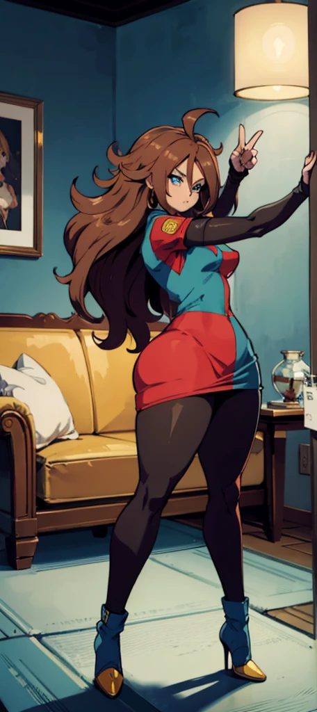 android 21, cups, pose lateral, She is sideways to the spectator, long brown hair, blue colored eyes, plaid dress, pantyhose, looking to the side, pose lateral, standing, ele está standing, serious, legs spread open, livingroom, light bulb, high qualiy, work of art, legs thick, big-ass, body healed,