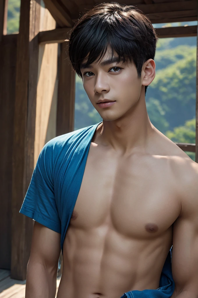 (in 8K、top-quality、masterpiece:1.2)、1 boy、short-haired、Hair short、Brown-skinned、Blue View、