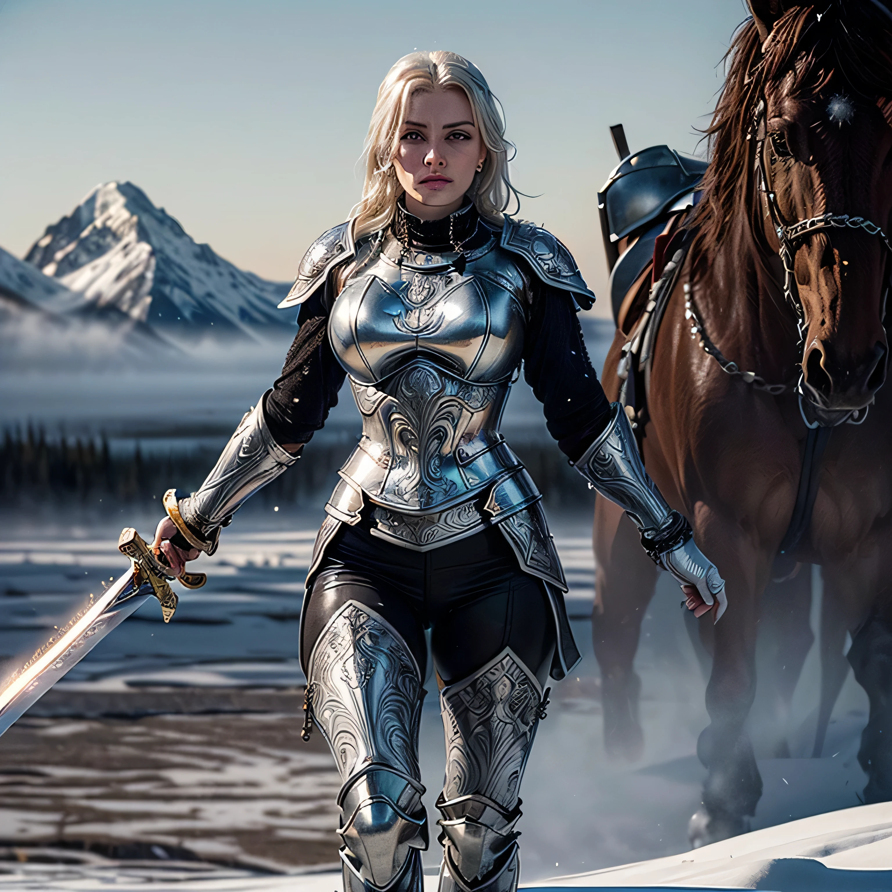 (masterpiece, photorealistic:1.4, extremely intricate:1.3), (photon mapping, radiosity, physically based rendering, ultra resolution, hyper-realistic, 8K), gigantic mature female bodybuilder frost giant, long braided [silver hair:blonde hair:0.6], (((((ONE gigantic white frost sword, glowing, engraved))))), tattoo:1.2, pale grey blue skin, ((perfectchainmail, medieval etched white chrome breastplate armor:1.2, from below, upper torso), chain jewelry), (((outdoor tundra, snow, plains, faraway snow covered mountain peaks, frost mist breath)
