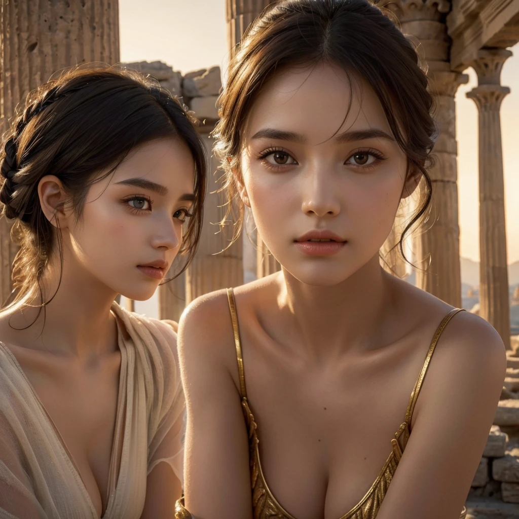 1girl, ancient greek style dress, beautiful detailed eyes, beautiful detailed lips, extremely detailed eyes and face, long eyelashes, ancient athens cityscape, ruins of ancient temples, glowing warm lighting, golden hour lighting, dramatic lighting, muted color palette, cinematic atmosphere, (best quality, 4k, 8k, highres, masterpiece:1.2), ultra-detailed, (realistic, photorealistic, photo-realistic:1.37)