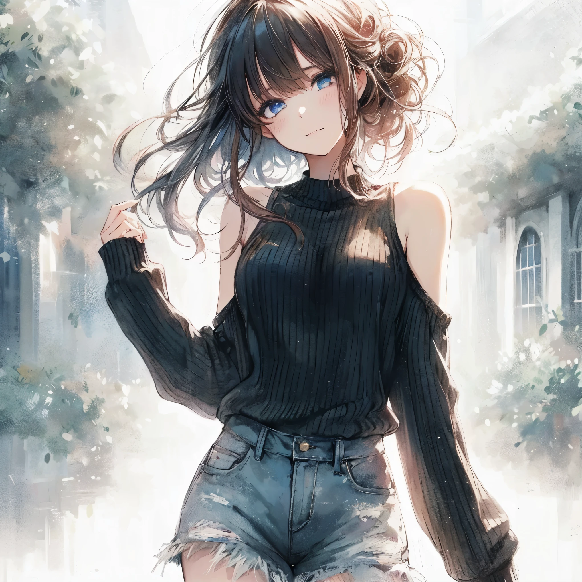 Official art using high-quality hand-drawn watercolor sketch techniques. (best quality,4k,8k,highres,masterpiece:1.2),ultra-detailed,beautiful detailed eyes,A girl with beautiful eyes, everyone, beautiful anime girl, cute anime girl, smooth anime art, anime style, elegant colors, soft lighting, delicate beautiful eyes, very coquettish, (beautiful large breast:1.2), (correct hands:1.2),