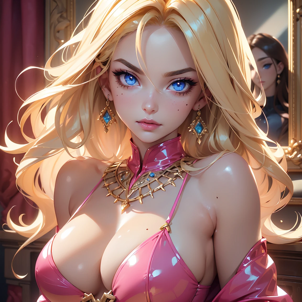 (((Blonde stunning hair))), (blue eyes), blue necklace, Golden earrings, Fit, Gorgeous Body, gorgeous, brown eyebrows, (two moles over lip), big pupils, (23 years old), complex skin, warm light, (large breasts), 5 fingers, ((detailed face, best quality)), ((masterpiece)), ((ultra-detailed)), (beautiful detailed eyes), red lip, eyeshadow, beautiful face, long hair, very detailed eyes, intricate details in eyes, perfect lips, good lighting, ((hot latex)), long hair, detailed face, mean smirk, evil face, big plump breasts, ((in a pink bedroom)), ((masterpiece: 1.4)),