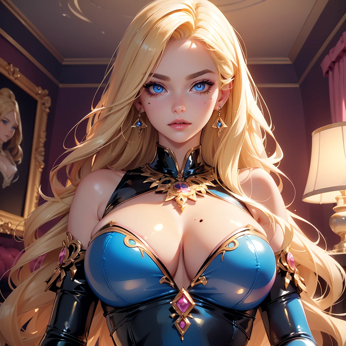 (((Blonde stunning hair))), (blue eyes), blue necklace, Golden earrings, Fit, Gorgeous Body, gorgeous, brown eyebrows, (two moles over lip), big pupils, (23 years old), complex skin, warm light, (large breasts), 5 fingers, ((detailed face, best quality)), ((masterpiece)), ((ultra-detailed)), (beautiful detailed eyes), red lip, eyeshadow, beautiful face, long hair, very detailed eyes, intricate details in eyes, perfect lips, good lighting, ((hot latex)), long hair, detailed face, mean smirk, evil face, big plump breasts, ((in a pink bedroom)), ((masterpiece: 1.4)),