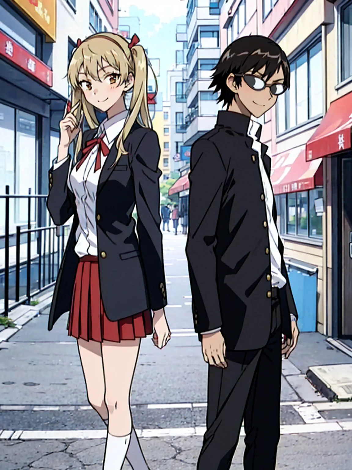 1 boy and 1 girl stand in the street,twintails,sawachika eri, brown eyes, hair ribbon,harimakenji, glasses, ,school uniform, red pleated skirt,eri,hairband, looking_at_viewer, serious, gakuran, white_shirt,smile,happy,two persons
