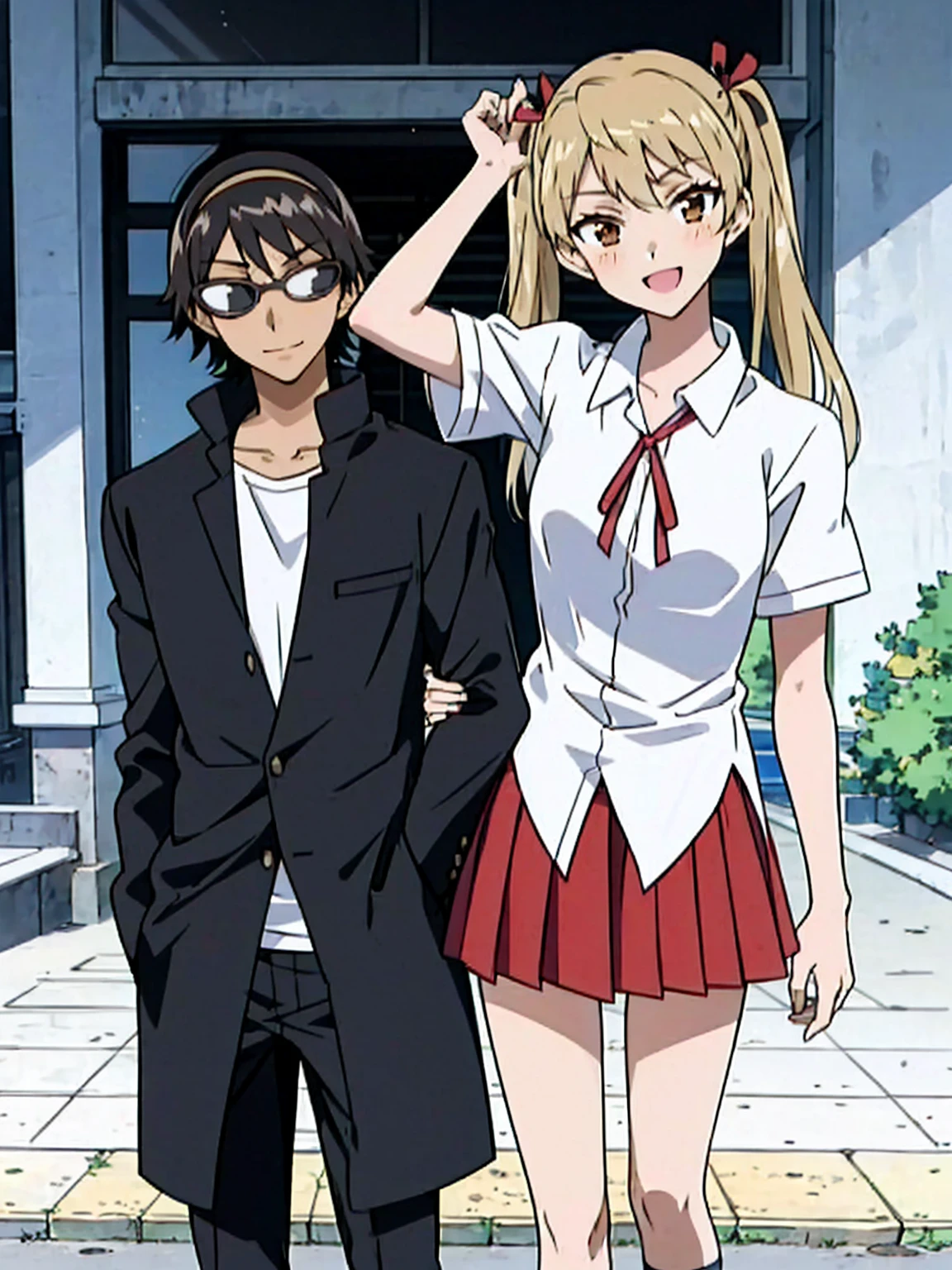 1 boy and 1 girl stand in the street,twintails,sawachika eri, brown eyes, hair ribbon,harimakenji, glasses, ,school uniform, red pleated skirt,eri,hairband, looking_at_viewer, serious, gakuran, white_shirt,smile,happy,two persons