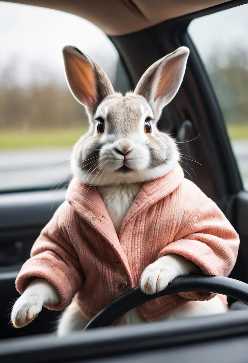 Photo of a rabbit,in a neat jacket,sitting behind the wheel and smiling