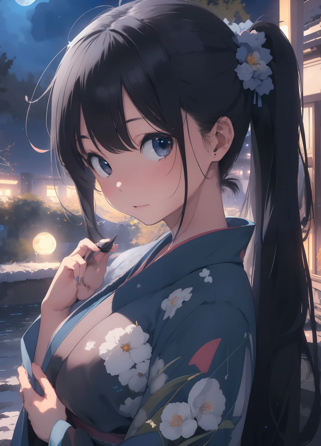 (masterpiece、Highest quality、Highest quality、Official Art、Beautiful and beautiful:1.2)、(One girl:1.3)Hatsune Miku、Twin tails,Beautiful breasts,Tabletop, Highest quality, Very detailed, With a girl, alone, Happy, close your eyes,whole body, (((Long black hair:1.3))), (((kimono))), Cat mask, (Reaching out:1.1), (from the front:1.2), (((Deformed))), (((Chibi Character))), Japanese, Autumn background, Night Background, (((Blue Moon Light))),