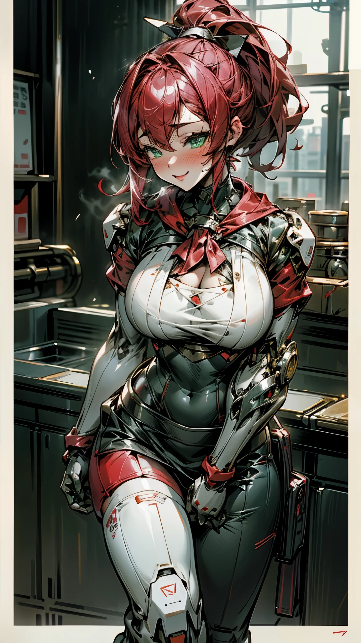 18-year-old girl，，Crimson Shorthair，Ponytail Hairstyles，smile，Huge breasts，Cleavage，Sheer red sleeveless top，Leave space in the middle to reveal Cleavage，Soaking wet，Blushing，Green Eyes，Female Spy，Red mini skirt，White gloves，White hand sleeves，White boots，sf，future，Mecha Combat Robot Warehouse，Robot Driver，Pistol hanging from waist，No bangs，Wear earrings on only one side，lipstick