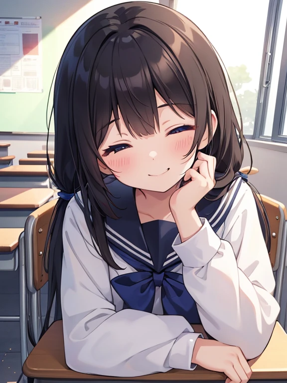 1girl, sitting, (looking down), (incline head forward), (simile), (giggling), closed eyes,,
classroom, indoors, school chair, school desk,
(low twintails), low pigtails, black hair, very long hair,
serafuku with blue ribbon, navy-blue collar,
(dark brown eye),
school,
afternoon, summer,
from front, upper body,
anime, high brightness, detailed face, detailed eyes,
(high quality, ultra detailed, masterpiece, FHD)