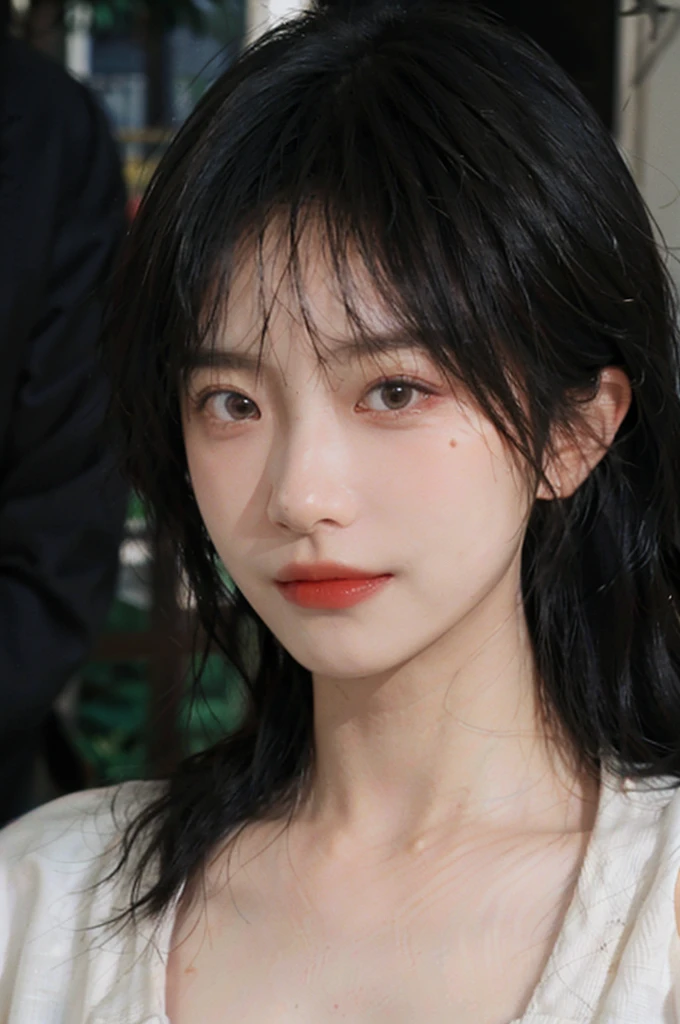 (Skin details:1.4), (smooth skin textures:1.3), Lipstick, background,海滩background， Direct vision, earrings, serene, calm, (Realistic and detailed eyes：1.2）, Natural skin texture, Realistic facial details, Soft dramatic lighting, Vivid details, 35 mm film, outdoor, (Photo Practical:1.4), (hyper Practical:1.4), (Practical:1.3), (Smoother lighting:1.05), (Improve lighting quality:0.9), (Highest quality real skin textures:1.4), Exquisite eyes, Delicate face, Close-up of face, (Enhance the beauty of skin texture:1.1), Hair details, normal body ratio, Model, Moles under the eyes, thinking, A faint smile,公园background，Portrait Photography, Depth of Field, Bokeh, Surrealism, Ray Tracing, (Portrait Photography:1.1), Surrealism, High Detail, Chiaroscuro, Ray Tracing, reflected light, Ultra HD, Ultra HD, masterpiece, Textured Skin, Super Detail, High Detail, high quality, best quality