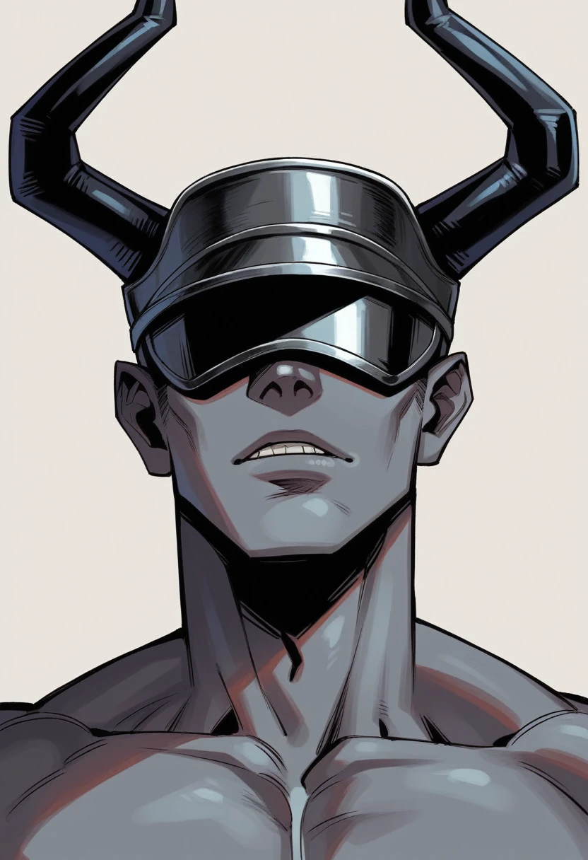 A demon from the anime Chainsaw Man. It has a hybrid hammer head, a war hammer head, with a muscular gray body, dark gray skin, shirtless, black hands, and looks fierce. It has human lips, beautiful, handsome, demonic, with a simple background. Focus on the character's face, demonic face. An iron visor covering the eyes, demonic iron visor, normal lips.