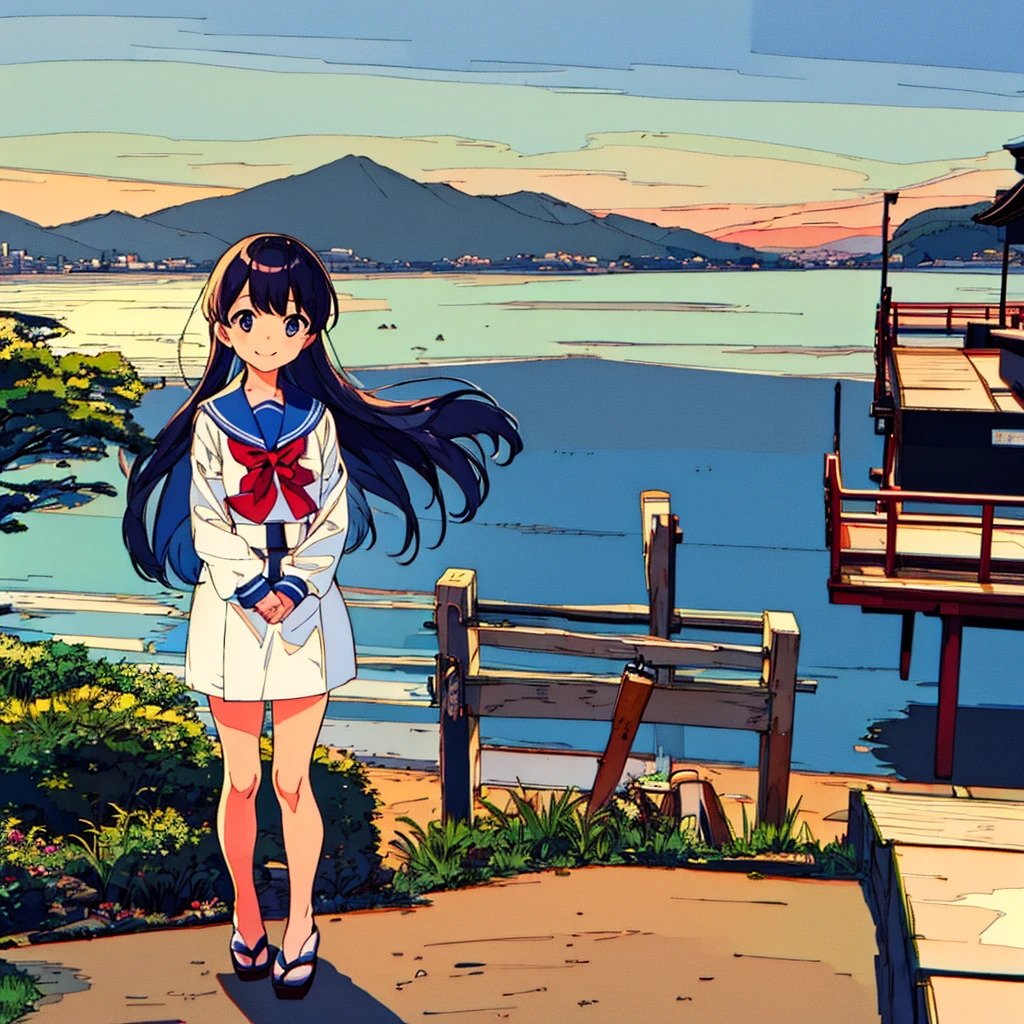 Japanese landscape, summer, nostalgic, handwritten style, sailor suit girl smiling、Azemichi、Rural Building