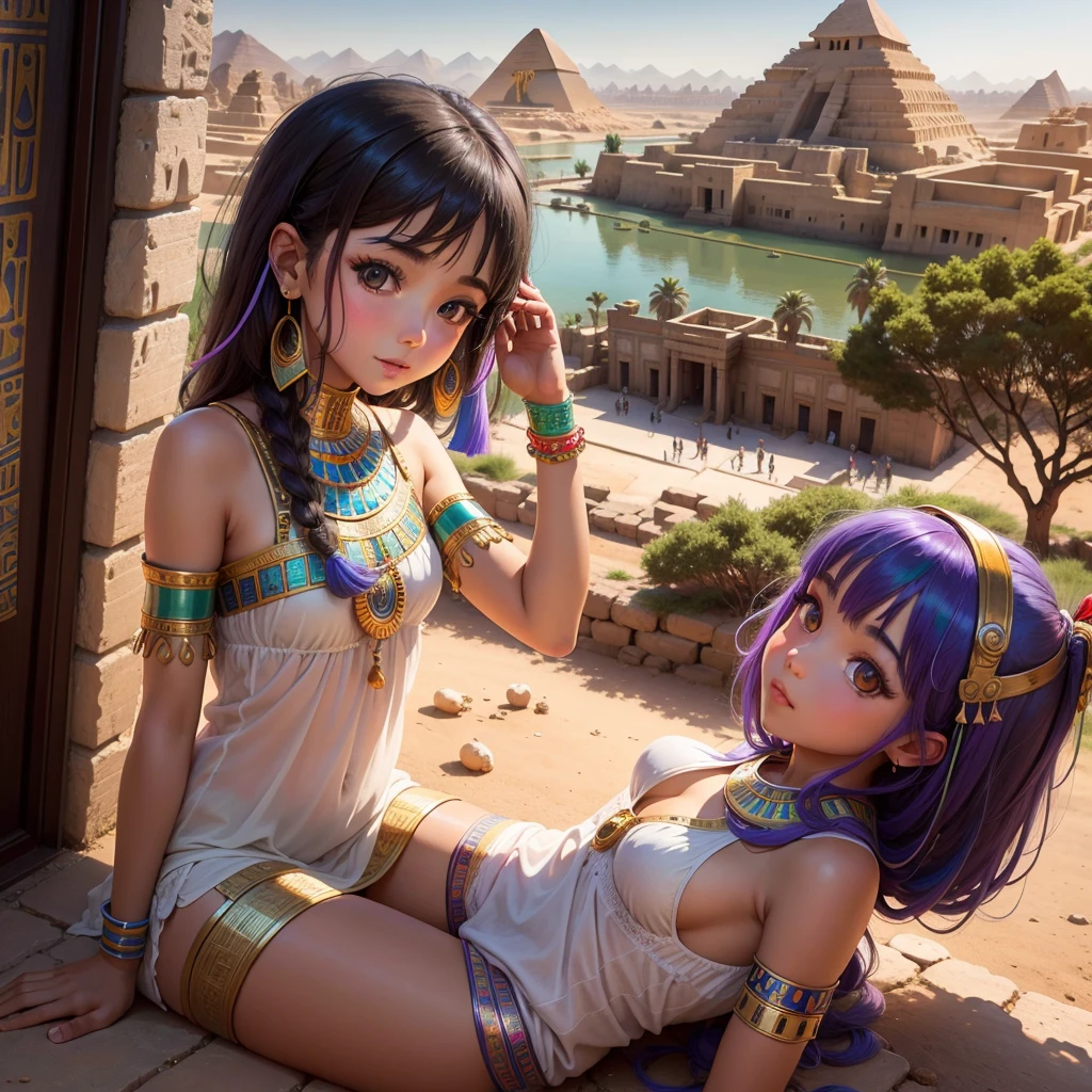 Cute Ancient Egyptian Girl、A hill overlooking the colorful temples of ancient Egypt、A colorful view of the whole city、Inside the oasis