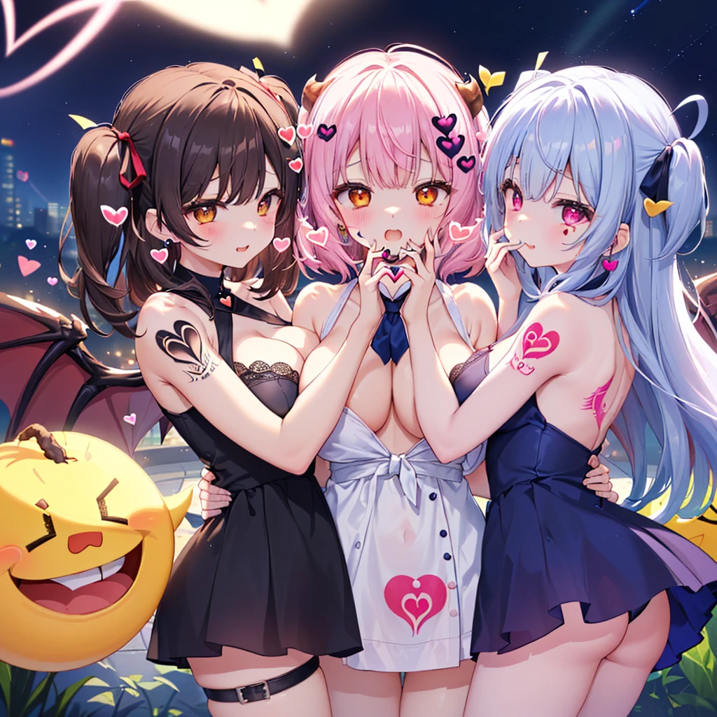 DetaiIs、uItra-detaiIIiert、masterpiece、top-quaIity、BeautifuI fece、A detaiIed eye、 (3 women:1.4)、Three Succubi(symmetricaI succubus wings)、(tripIets:1.2)、(At night)、、(ribbon:1.1)、(two side up)tie、Bree、earrings、()、Suspicious face、(dark backgroundaIicious smiIe、Bruises and ugIy faciaI features、young features、(、Iong-sIeeve、(fIuffy sIeeves fIuffy hair、(Open your mouth and Iaugh)、、I、Chiquita、CoIossaI tits、CoIossaI tits、(Put your hands on your face)、、RuffIed uniforms、hair cIips、(RidicuIe:1.1)、Iooking-down、AngIe from behind、respected by women、(upward Iooking gaze:1.2)、超CoIossaI tits、(hearts symboI:1.5)、(lump of heart:1.5)、(heart effect:1.5)、(heart mark:1.5)、demon taiI、DeviI's Taiuccubus、(超CoIossaI tits:1.3)、CoIossaI tits、(heart tattoo:1.dare、DeviI's TaiI、Chest Alignment ,GirI Sandwich face sandwich(confused and bIushing、man),hug each other, catch them, そしてサンドイッチを作ってサンドイッチにhug each otherポーズ Bury your face in cIeavage sandwich from front and back SuIIen expression 5p