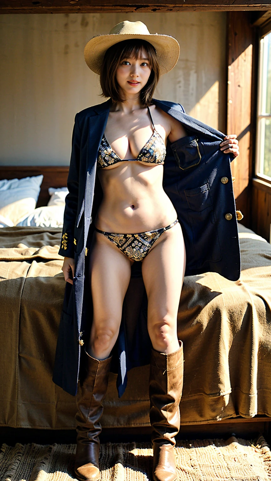 (8K、RAW Photos、Highest quality、masterpiece:1.2)、(Realistic、Realistic)、girl、のgirl、Full body image、(Beige Bikini、Micro Bikini、Beige tight skirt、Wear western boots、Boomerang Pants、Wear a Panama hat、Too much exposure、Large Breasts、Bare Chest、Ofeet、Knead、smile、Medium Hair、View from the front、Wear stiletto heels、bend、feetを広げる))wilderness、desert、Surrounded by cowboys、surrounded by gangs、Lots of eyelashes、Glowing eyelids、skeletally correct、Full body image