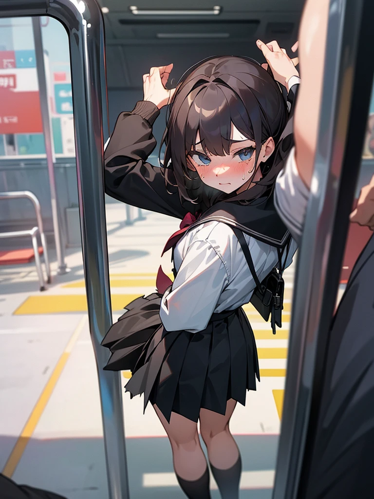 A young girl in , your skirt is torn causing your ass to show. She's on a bus, full of mean men trying to touch your ass. She blushes with embarrassment and tears flow when she sees that two of them are touching her..