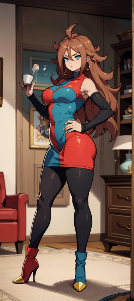 android 21, cups, pose lateral, She is sideways to the spectator, long brown hair, blue colored eyes, plaid dress, pantyhose, looking to the side, pose lateral, standing, ele está standing, serious, legs spread open, livingroom, light bulb, high qualiy, work of art, legs thick, big-ass, body healed,