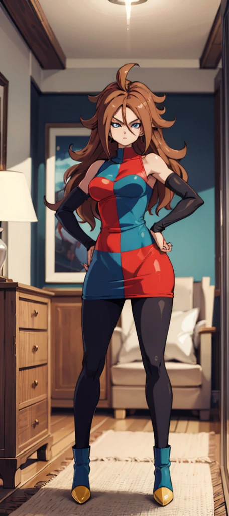 android 21, cups, pose lateral, She is sideways to the spectator, long brown hair, blue colored eyes, plaid dress, pantyhose, looking to the side, pose lateral, standing, ele está standing, serious, legs spread open, livingroom, light bulb, high qualiy, work of art, legs thick, big-ass, body healed,