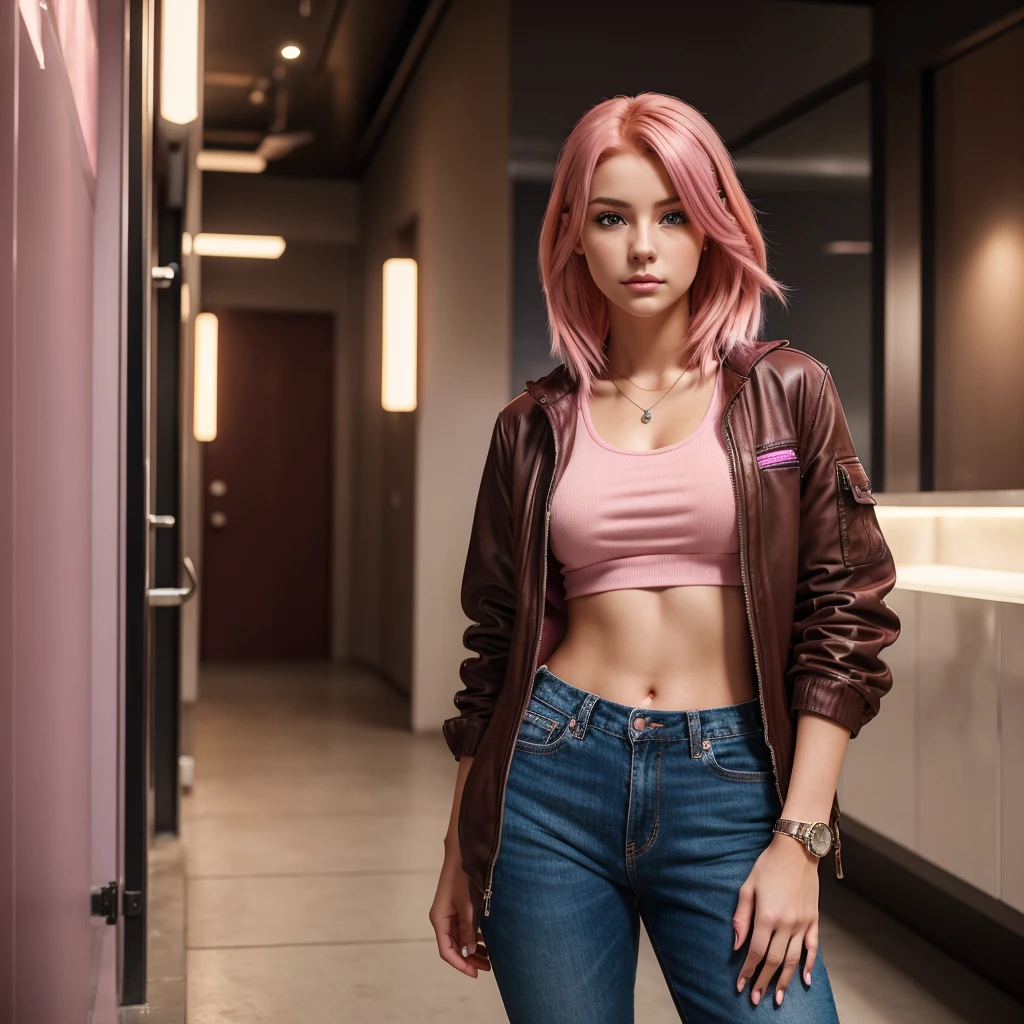girl 21 years old, short shoulder-length hair, pink hair , 