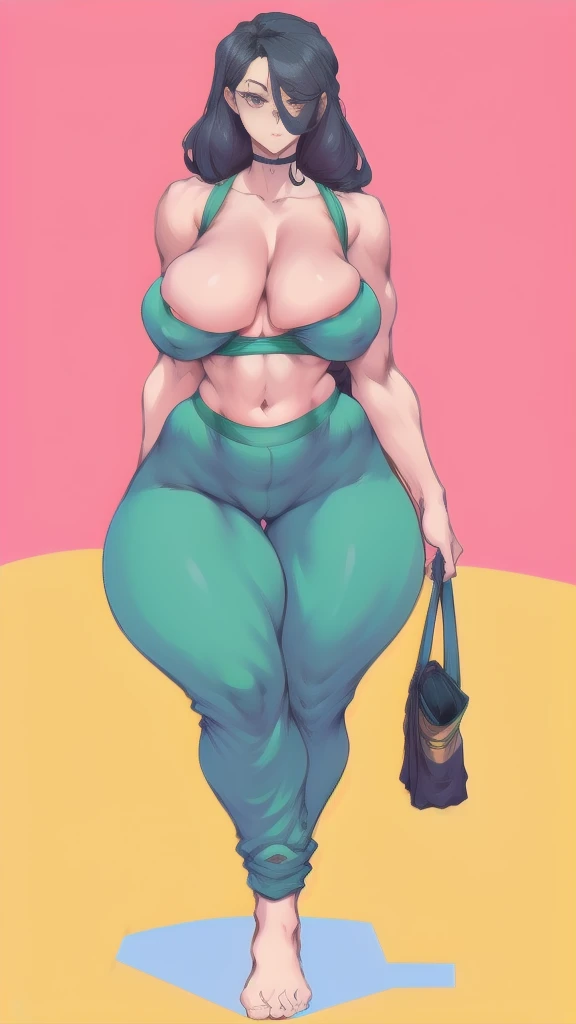 full body in image, woman, feet on image, simple hair, female body, jogger pants, curvy body, large hips, beautiful woman, thicc body, big thighs, voluptuous body, full thick body, dinamic pose, curve body. detalied pose, body, simple background, expressive face, focus on face, line art, sketch