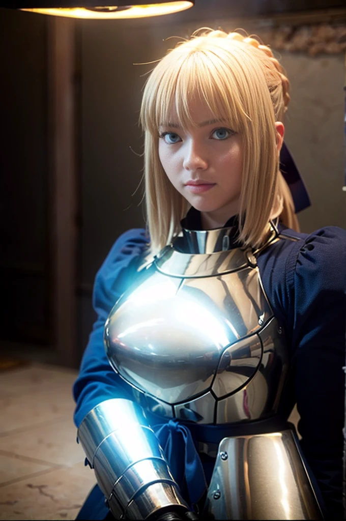 1girl,((())),(a blond), (braided single hair bun)), (huge breast:1.5), (((armor))), ((beautiful anime eyes with fine detail)), ((indigo blue ribbon)), realistic skin, (intricate details), ((lighting forward)), depth field, ((ultra high resolution, high res)), {highres}, {{very fine 8KCG wallpapers}}, {{very precise detailed}}, ((((masterpiece)))),