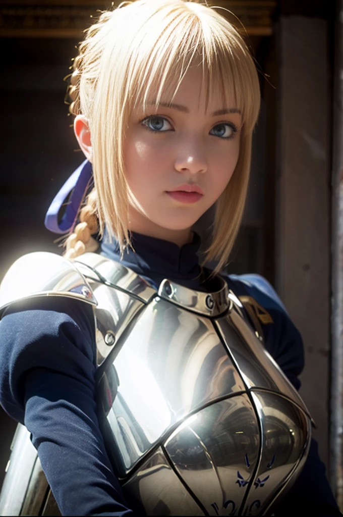 1girl,(((17 years old))),(a blond), (braided single hair bun)), (huge breast:1.5), (((armor))), ((beautiful anime eyes with fine detail)), ((indigo blue ribbon)), realistic skin, (intricate details), ((lighting forward)), depth field, ((ultra high resolution, high res)), {highres}, {{very fine 8KCG wallpapers}}, {{very precise detailed}}, ((((masterpiece)))),