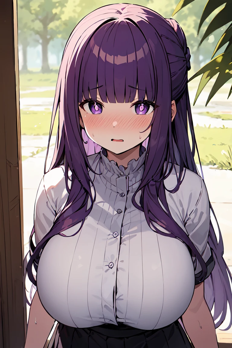 (best quality), (Super detailed), (Best Illustration), (masterpiece), score_9, score_8_up, score_7_up, (4k), nsfw, (1woman), (large breasts), nose blush, sweat, fern, long hair, bangs, (purple eyes:1.1), purple hair, sidelocks, blunt bangs, (bright pupils:1.3), half updo,