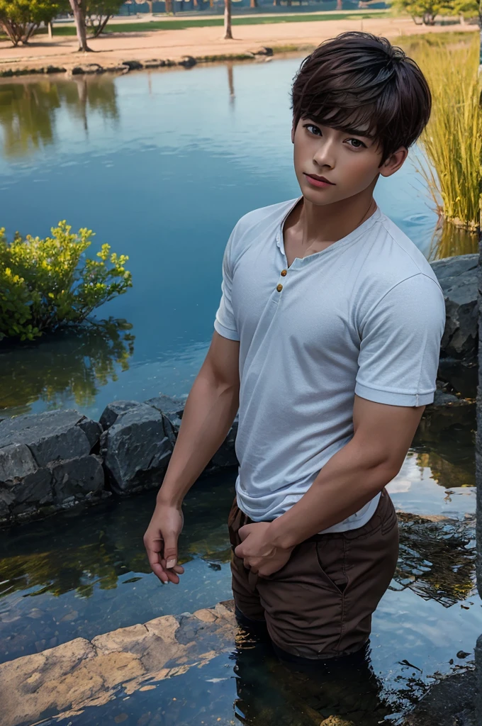 (in 8K、top-quality、masterpiece:1.2)、1 boy、short-haired、Hair short、Brown-skinned、Blue View、
