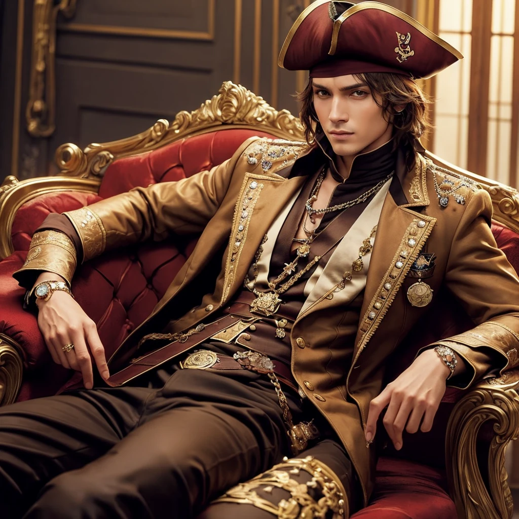 Draw a man with short brown hair as a pirate king, sitting on a luxurious chair that features the symbol ‘🎶🪽’. He is wearing a fancy jacket and a pirate hat, Wearing jeweled accessories. Let's make the background the captain's cabin of a ship., Nautical charts and pirate decorations visible. The overall atmosphere must convey grandeur and dignity., Warm colors and lighting highlight the characters and chairs