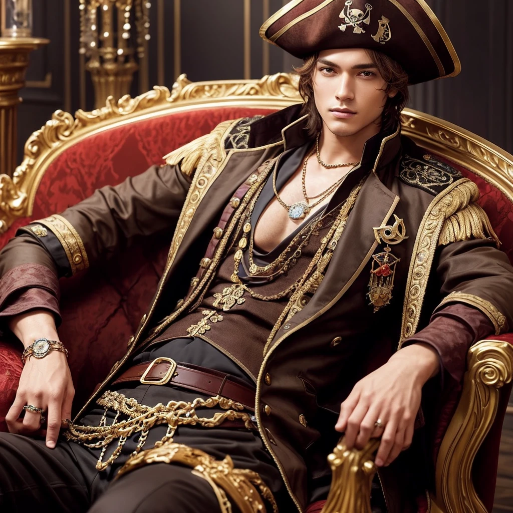 Draw a man with short brown hair as a pirate king, sitting on a luxurious chair that features the symbol ‘🎶🪽’. He is wearing a fancy jacket and a pirate hat, Wearing jeweled accessories. Let's make the background the captain's cabin of a ship., Nautical charts and pirate decorations visible. The overall atmosphere must convey grandeur and dignity., Warm colors and lighting highlight the characters and chairs