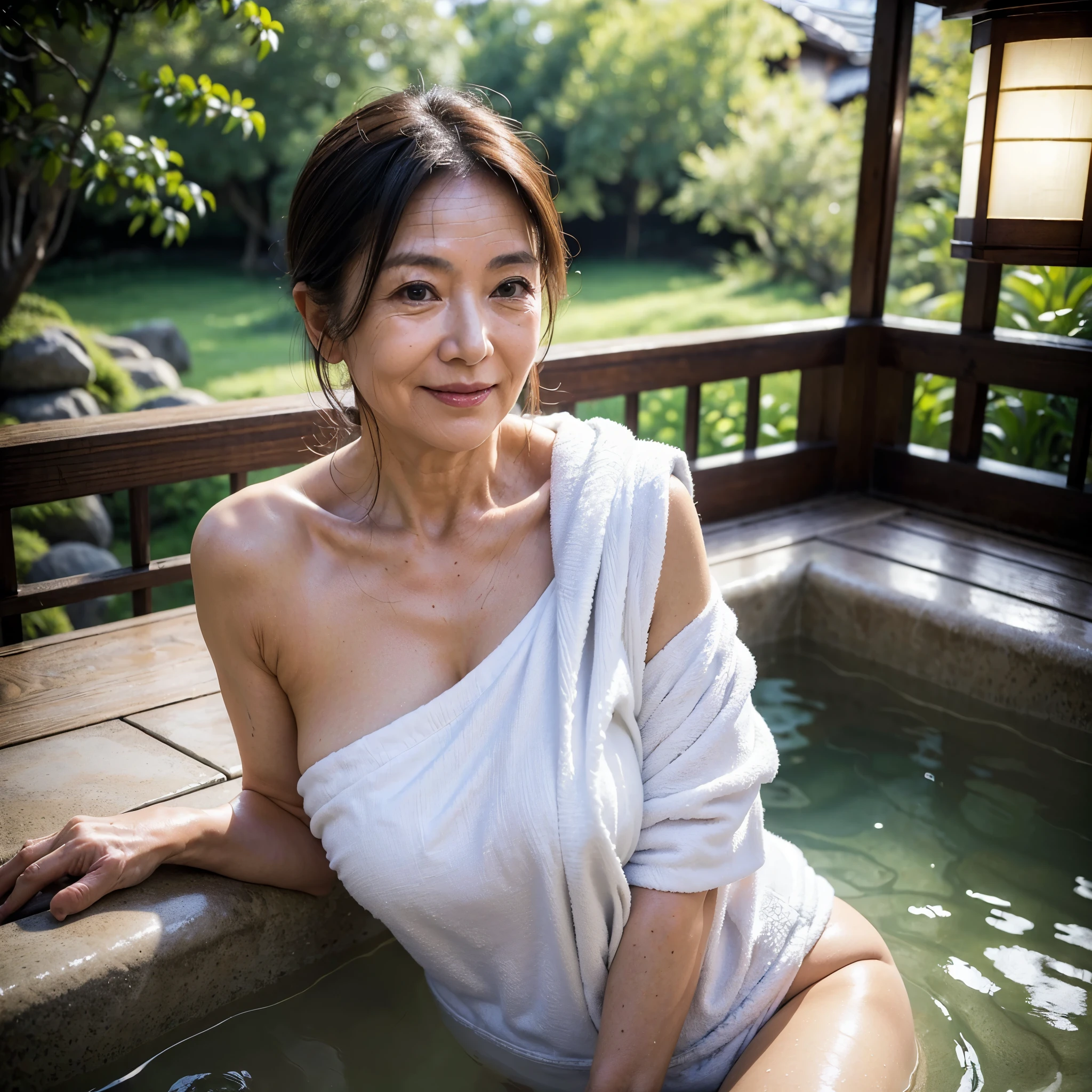 (masterpiece:1.4),(61-year-old woman:1.5),(facial wrinkles :1.2),gentle smile, (mid-length hair : 1.1), (white bath towel around entire torso), (off-shoulder), Sturdy shoulder, soaking in a hot springs, soaking in a wooden bathtub, traditional japanese scene, detailed background, beautiful scenery, outside