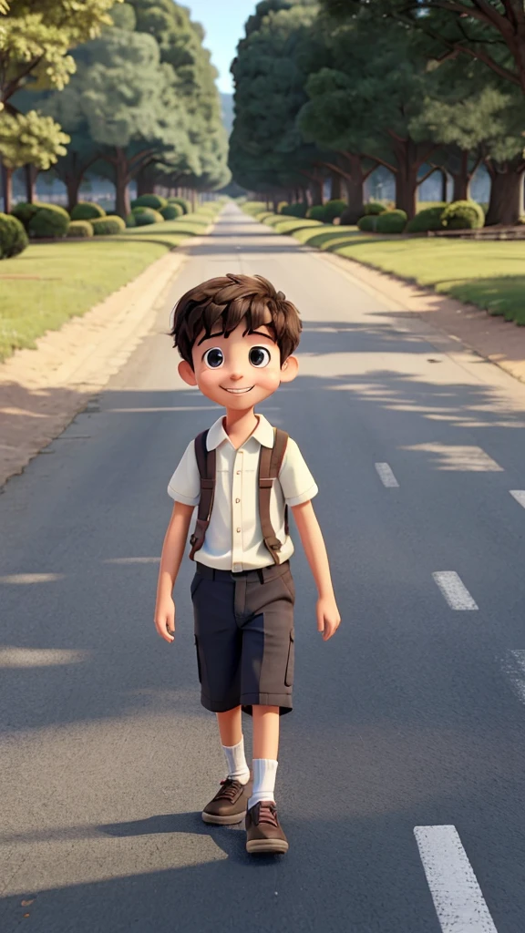 A boy was happily walking on the road.