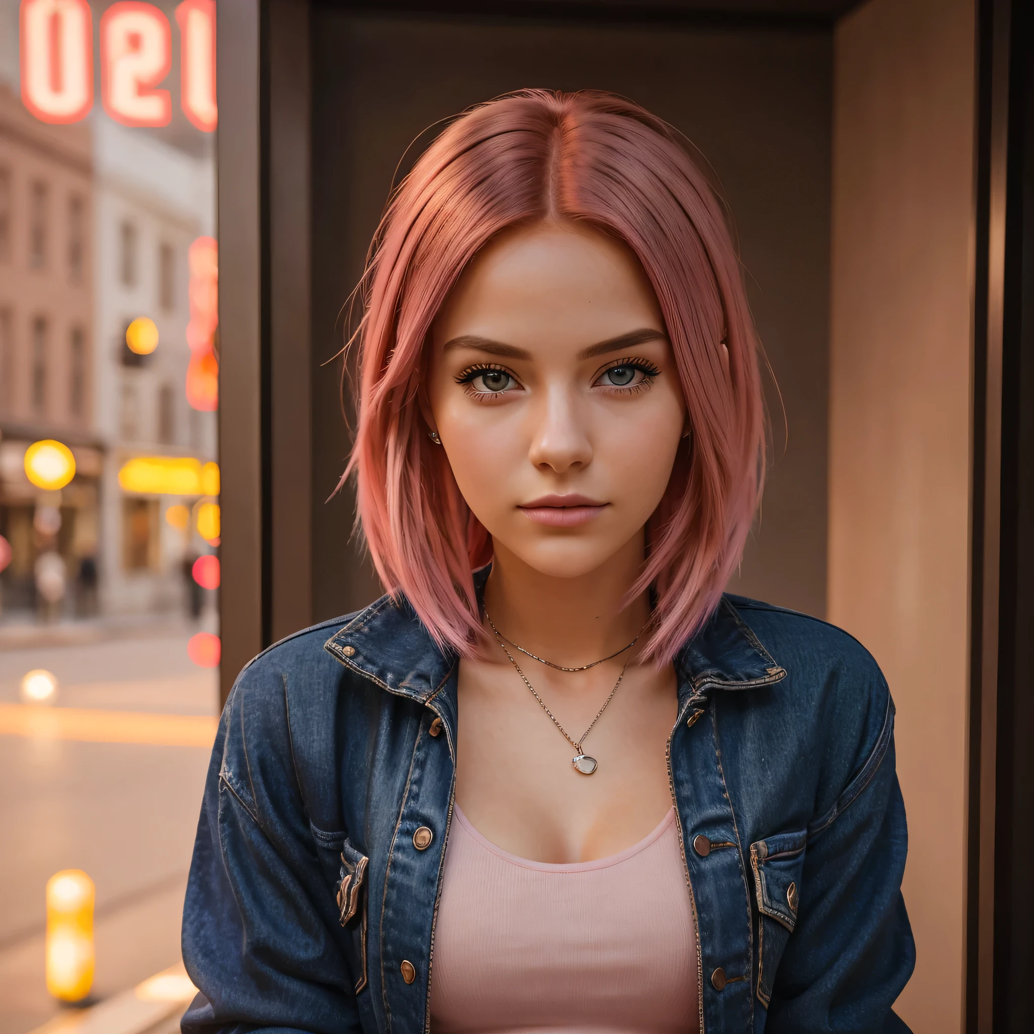  A photorealistic portrait of a 20-year-old American female with eye-catching pink hair and deep brown eyes, dressed in trendy clothing, full body shot, 8k hdr, high detailed, she possesses a sense of mystery and allure, illuminated by soft, dreamy lighting.  Face Generate. 