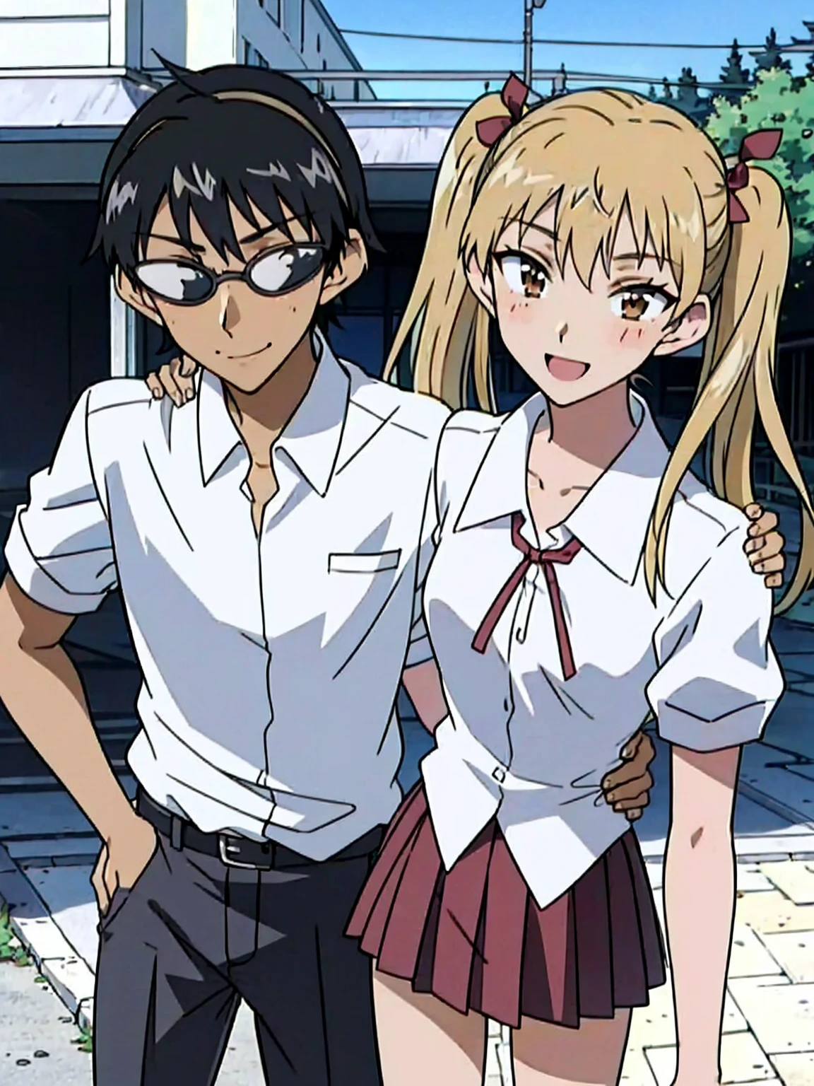 1 boy and 1 girl stand in the street,twintails,sawachika eri, brown eyes, hair ribbon,harimakenji, glasses, ,school uniform, red pleated skirt,eri,hairband, looking_at_viewer, serious, gakuran, white_shirt,smile,happy,two persons