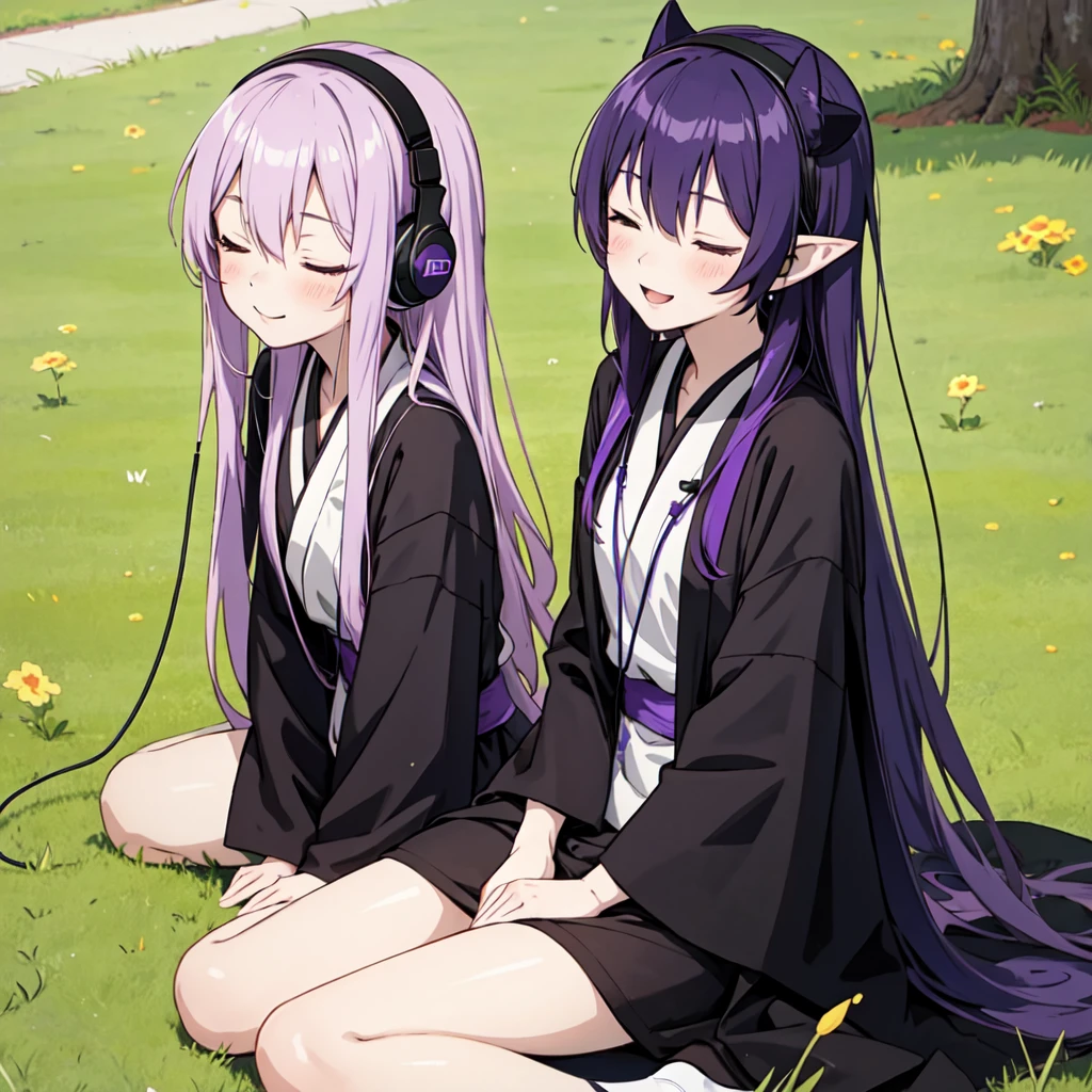 1 person. Anime girl with long purple hair and black robe. Pointy ears. Cute as in manga. Sitting on grass with eyes closed. Headphones.