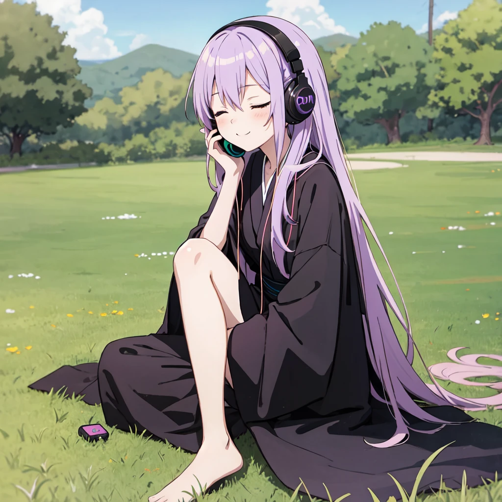 1 person. Anime girl with long purple hair and black robe. Pointy ears. Cute as in manga. Sitting on grass with eyes closed. Headphones.