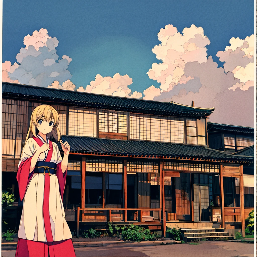 Japanese landscape Summer Nostalgic Handwritten style Smiling girl in 、Azemichi、Rural Building、Pale touch