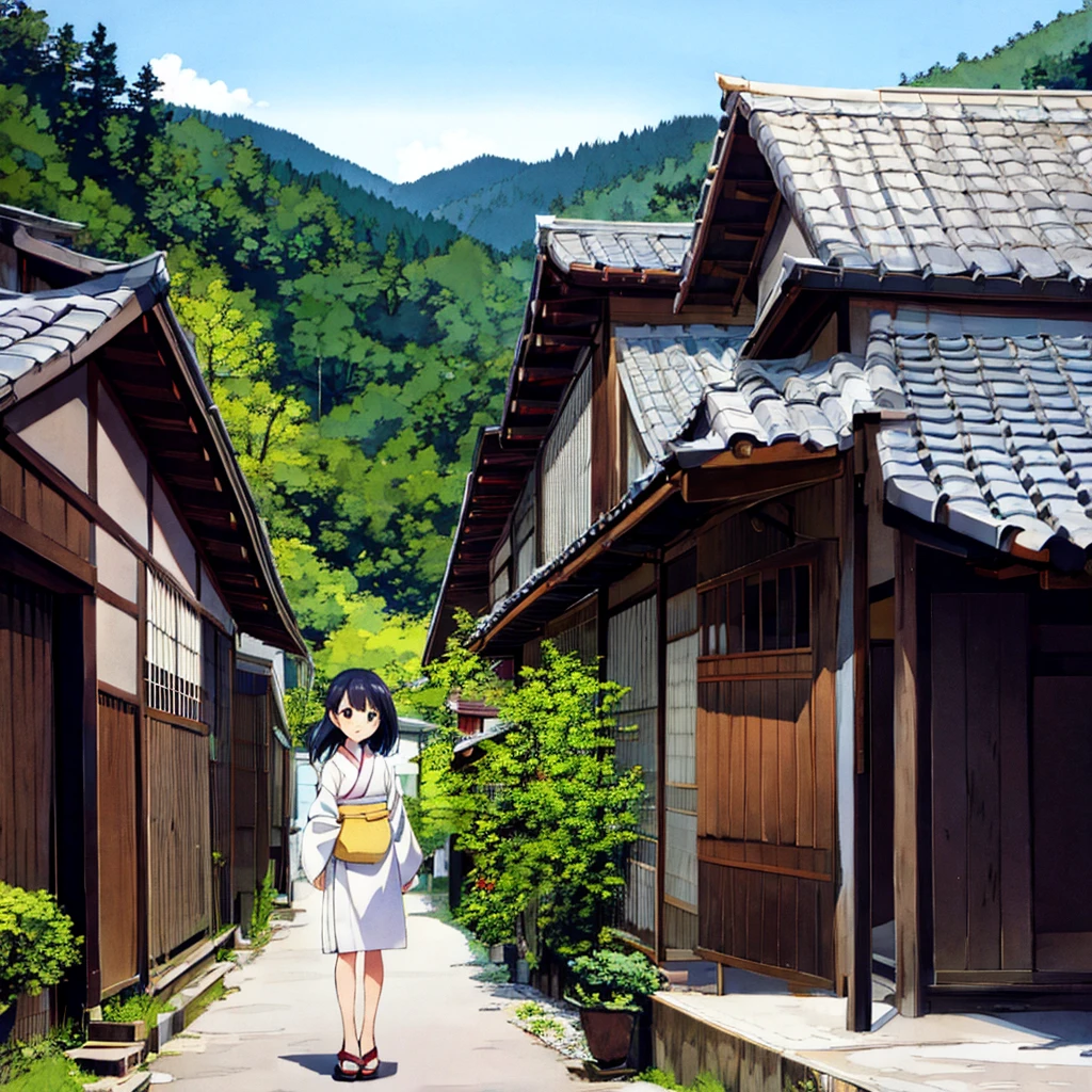 Japanese landscape Summer Nostalgic Handwritten style Smiling girl in 、Azemichi、Rural Building、Pale touch