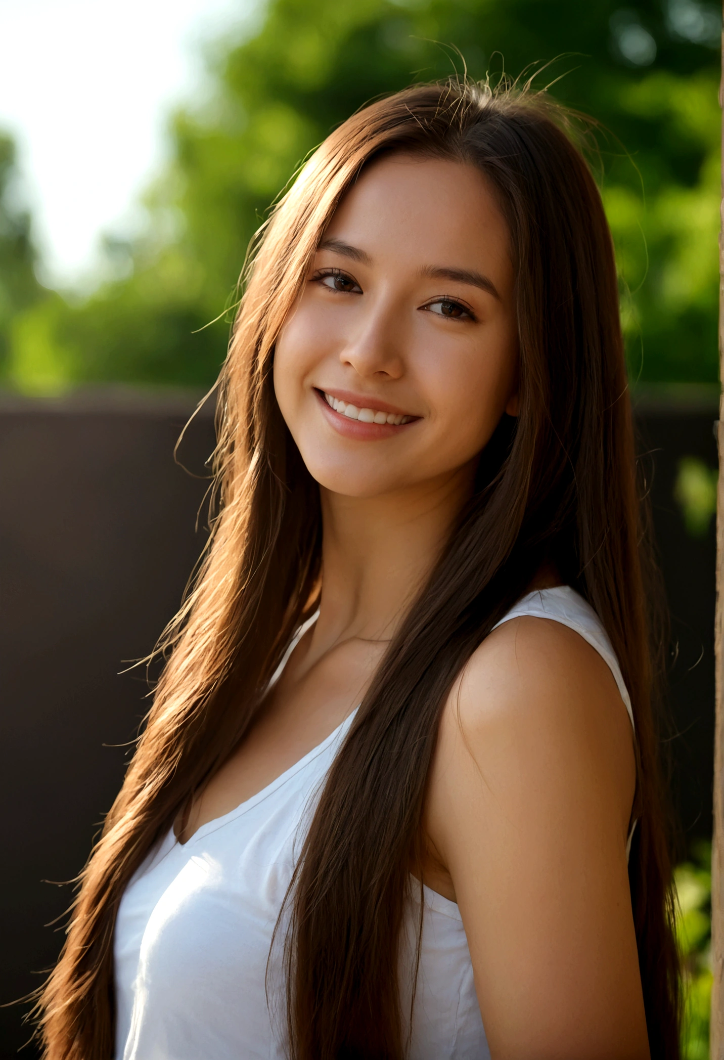 woman poses for a photo, lol, Happy, Long hair, Straight Hair, Delicate skin, daytime, Hot summer day, Natural lighting, Delicate face:1.2, Clear focus, Hasselblad Photography, masterpiece, Light makeup, Movie Lighting, 4K, best quality