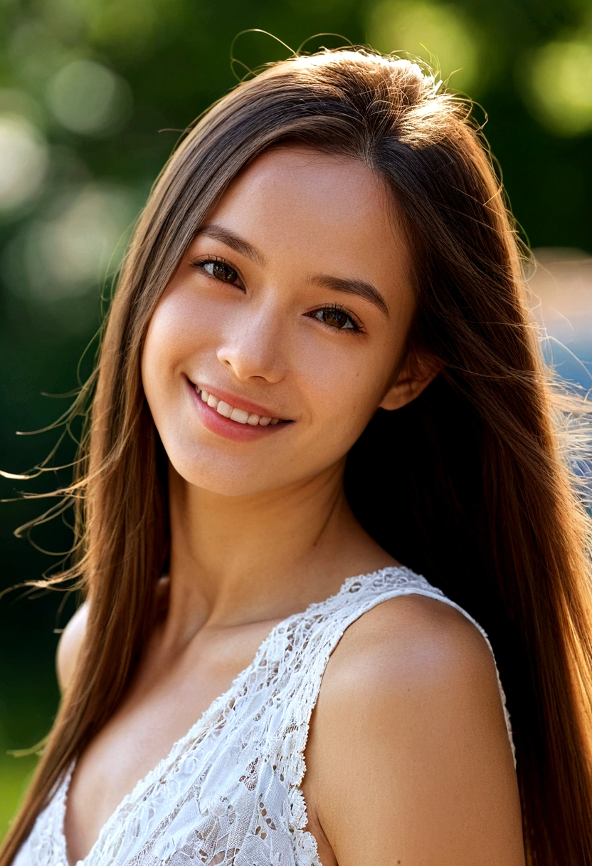 woman posing for a photo, Laugh, Happy, Long hair, Straight hair, finely detailed skin, During the day, A hot summer day, Nature lighting, detailed face:1.2, sharp focus, Hasselblad photography, masterpiece, Light makeup, cinematic lighting, 4k, best quality