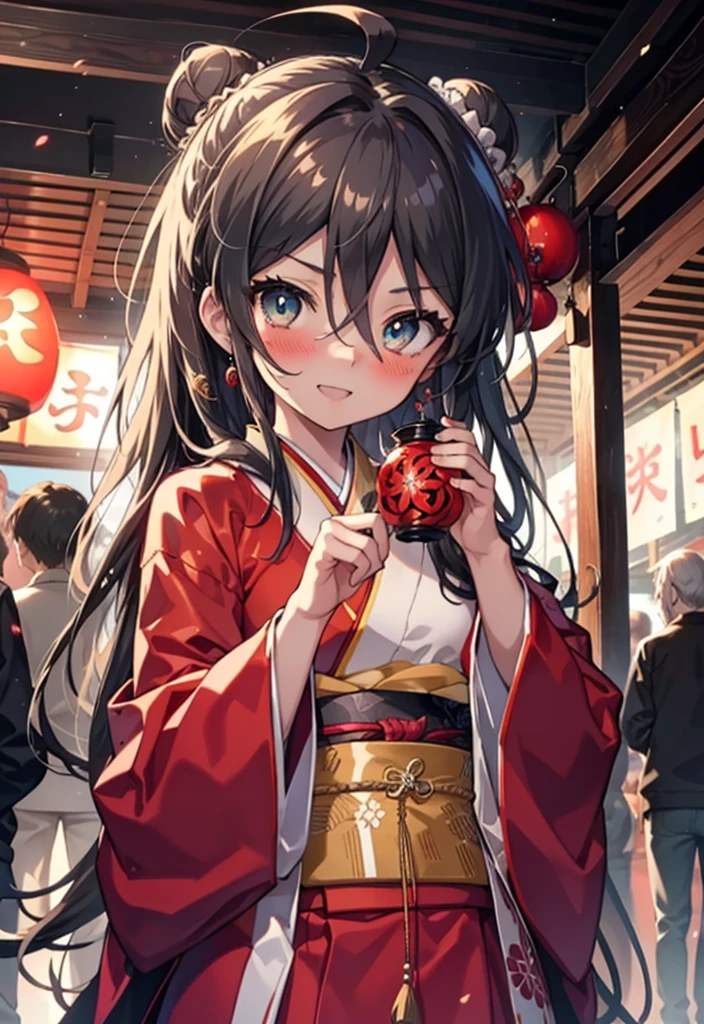 Shana,灼眼のShana,Long Hair, Redhead, Red eyes,Ahoge,smile,blush,Open your mouth,Hair Bun, single Hair Bun,blush,Red Kimono,Thick sleeves,Red long skirt,日本のfestival,夏festivalの屋台,Red lantern,　　　　　　　　　　　break looking at viewer, Upper Body,  　　　　　　　break outdoors, shrine,festival, 　　　　　　　　　　　　　break (masterpiece:1.2), Highest quality, High resolution, unity 8k wallpaper, (shape:0.8), (Beautiful and beautiful eyes:1.6), Highly detailed face, Perfect lighting, Highly detailed CG, (Perfect hands, Perfect Anatomy),